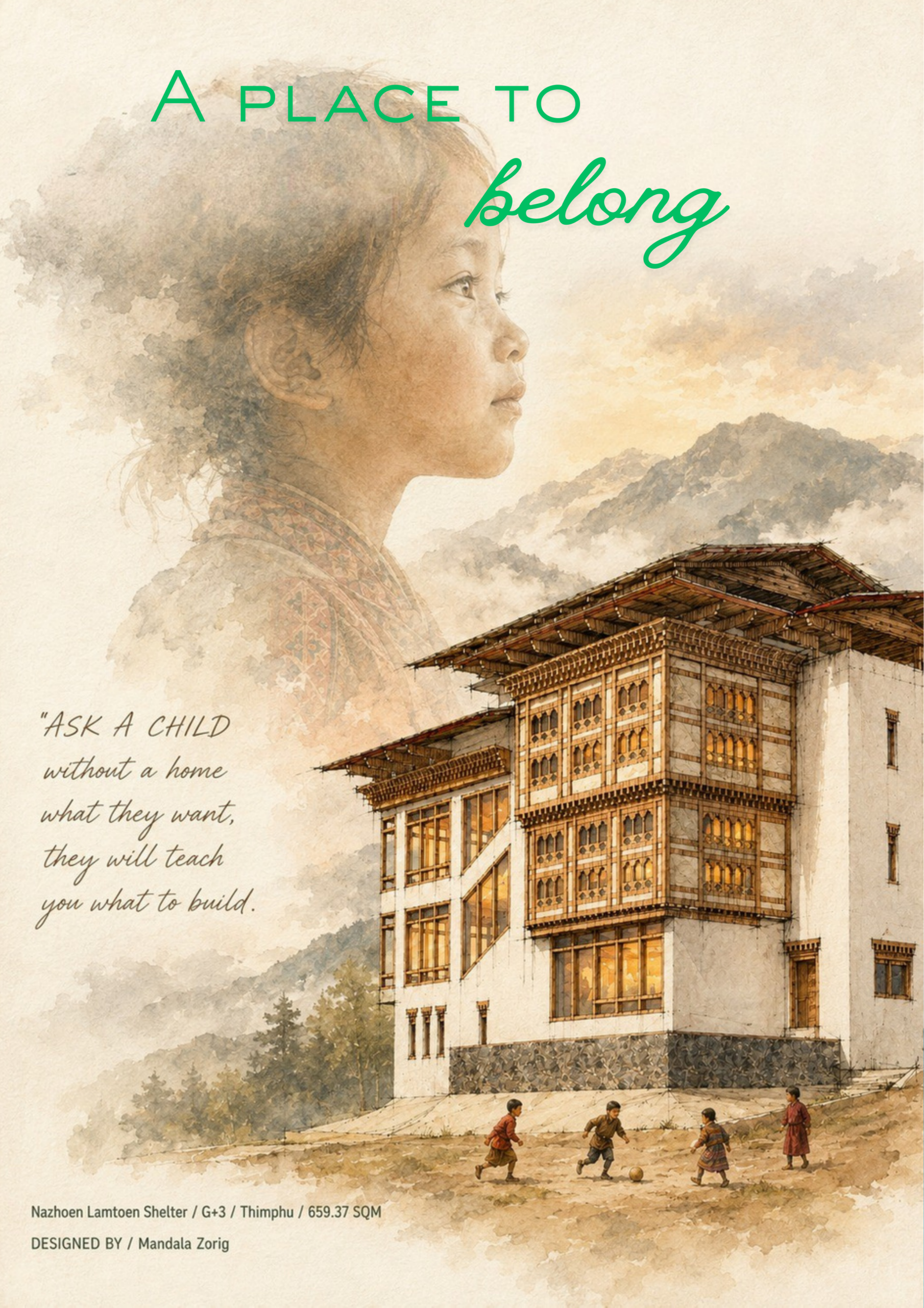 Illustrated proposal cover for A Place to Belong, showing a child and the proposed children’s shelter.
