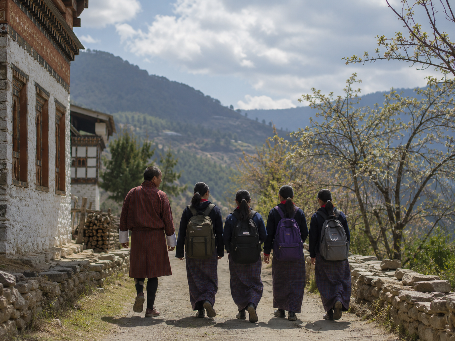 Bhutanese adult and young people walking together along a village path