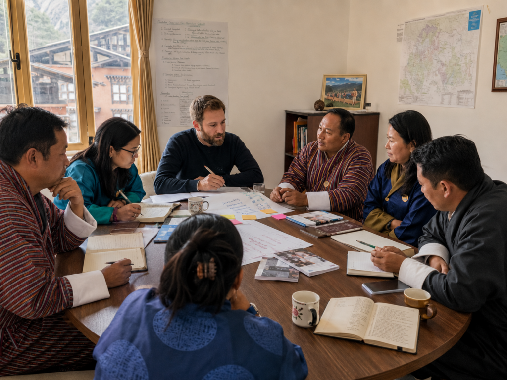 Collaborative meeting with Bhutanese and international partners discussing plans during a collaborative meeting