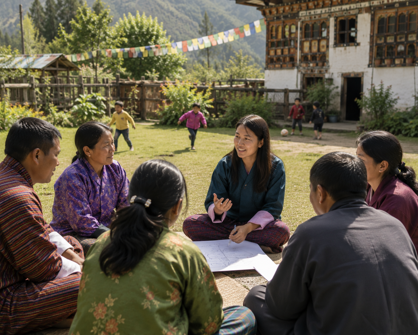 Community members taking part in a facilitated discussion while children play nearby