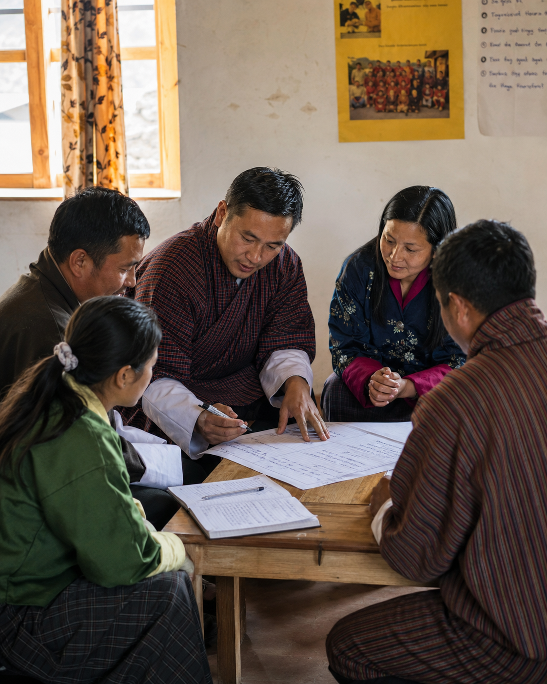 Nazhoen Lamtoen staff and community members discussing support for children and families in Bhutan.