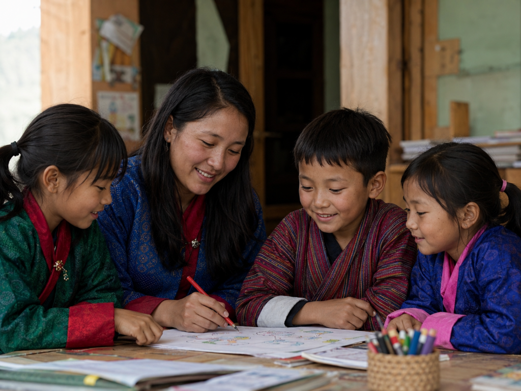 Caregiver supporting children in a learning activity in Bhutan.
