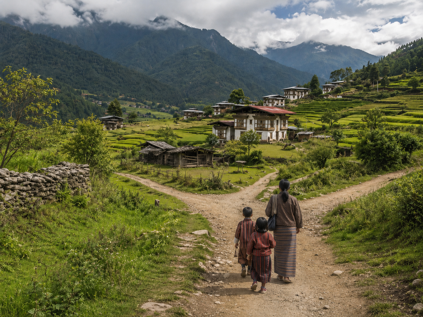Woman and children walking through a rural Bhutanese landscape - placeholder
